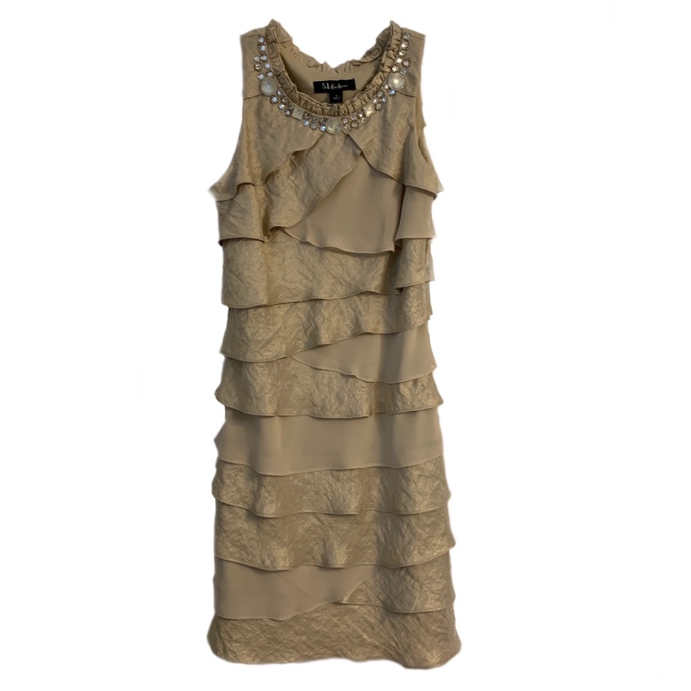 SL Fashions Flowing Tiered Gold Chiffon Dress Sz 6